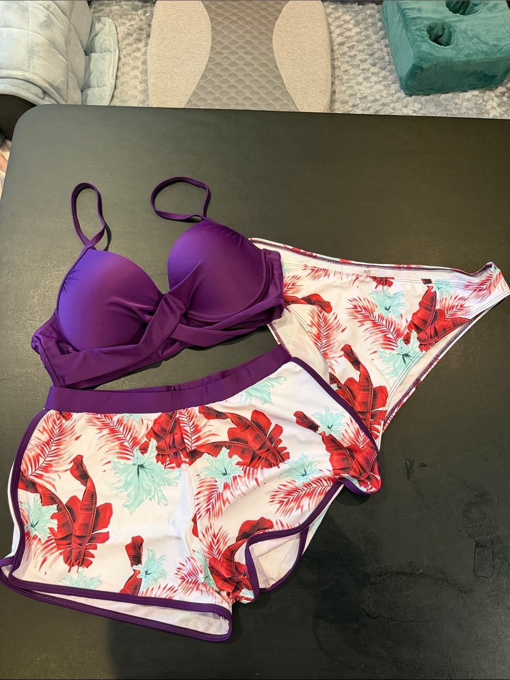 Source Unknown Purple Underwire Bikini Top with Red & Mint Tropical Bottoms